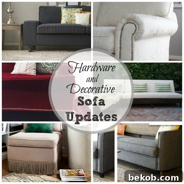 Collage showcasing sofas updated with decorative hardware like fringe trim, nail heads, and new legs.