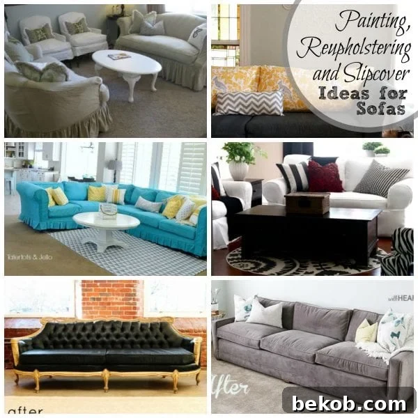 Collage showing painted, reupholstered, and slipcovered sofas, illustrating various fabric transformation methods.