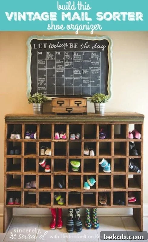 Build your own vintage mail sorter shoe cubby organizer, inspired by a thrifted piece, with free building plans on Remodelaholic.com