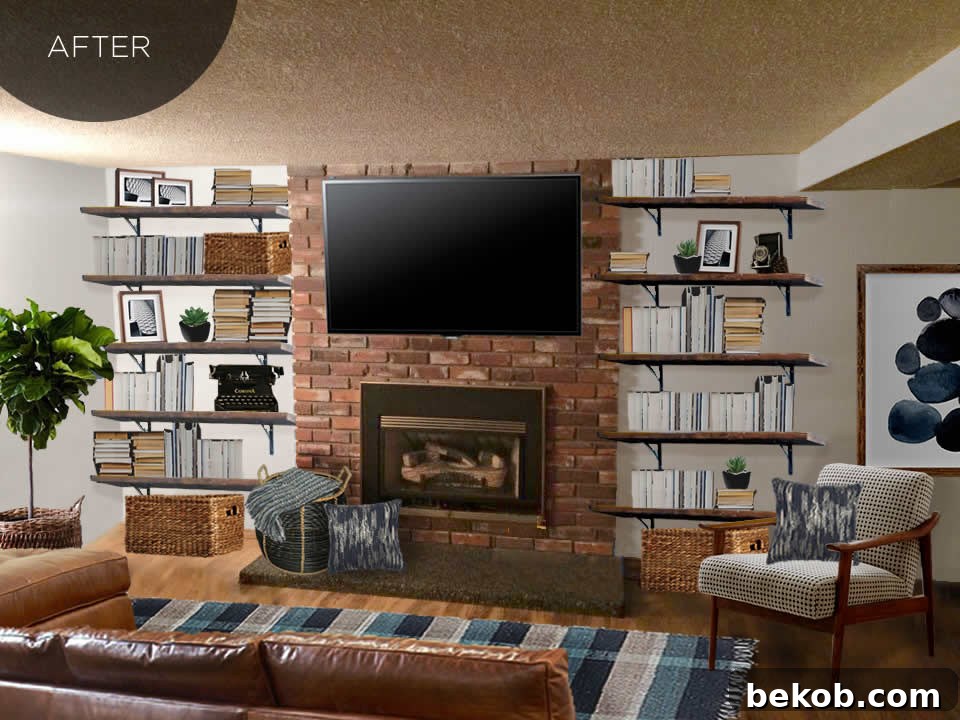 After: A beautifully designed masculine living room space featuring a wall-mounted TV above the fireplace and integrated open floating bookshelves for organized display.