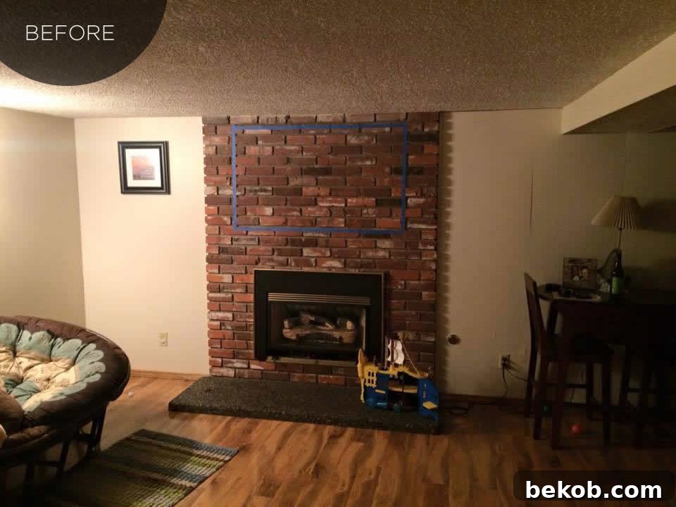 Before: TV over mantel with scattered toys, indicating a need for organization and storage around the fireplace.