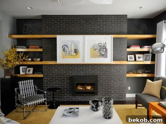 Creative fireplace shelving with cleverly concealed TV behind large art canvases, offering both aesthetics and function.