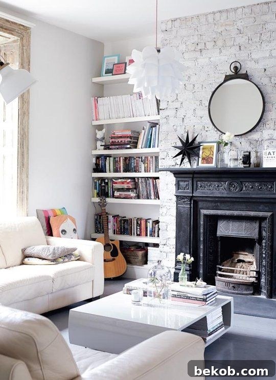 Elegant black fireplace on a crisp white wall, flanked by minimalist floating shelves for a sophisticated look.