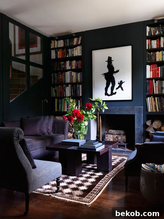 A dark and moody black fireplace paired with rustic floating shelves, creating a dramatic and inviting atmosphere.