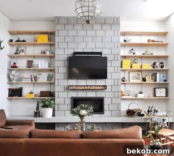 An industrial concrete fireplace with track shelving, offering a unique blend of rustic and modern design elements.