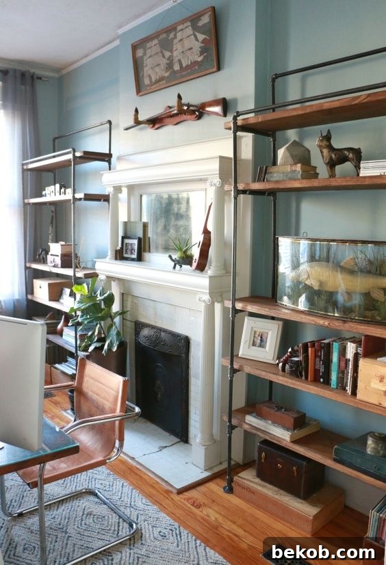 Modern industrial shelving integrating seamlessly around a fireplace, showcasing structured storage.