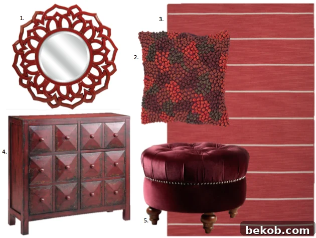 A collection of Marsala-inspired home decor items including mirrors, throw pillows, and rugs, perfect for adding the color of the year to your home.