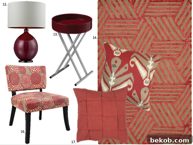 Inspiring Marsala interior design elements: table lamps, trays, large area rugs, and accent chairs in the color of the year.