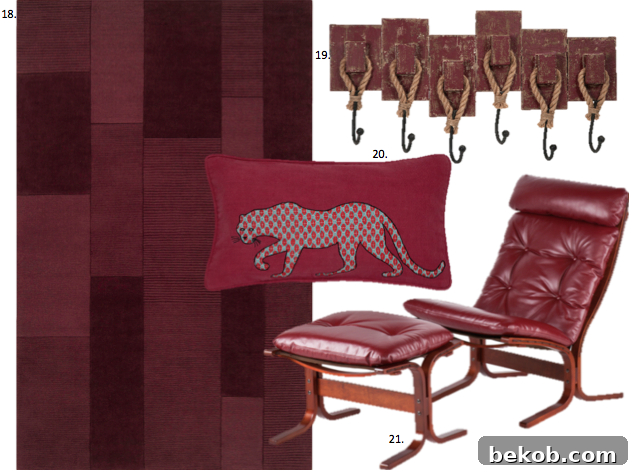 More ways to decorate with Marsala: wool rugs, wall hooks, decorative throw pillows, and ruby red chairs and ottomans.