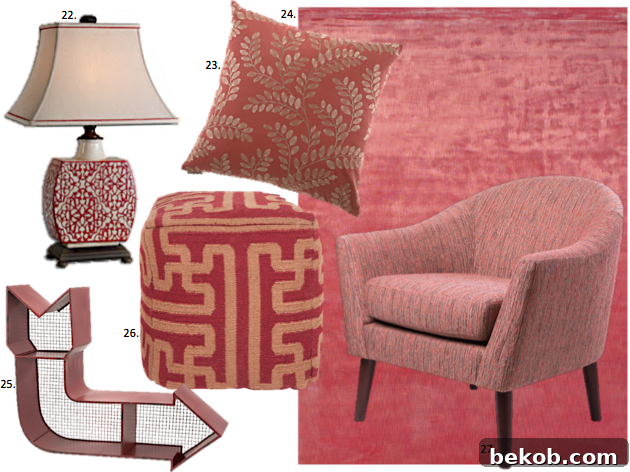 Final set of Marsala home decor essentials: table lamps, throw pillows, rugs, wall shelves, poufs, and accent chairs.