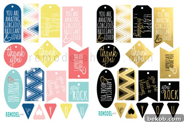 A complete set of layered printable gift tags for various occasions like birthdays, thank yous, and appreciation