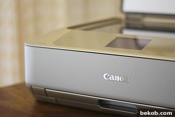 A Canon PIXMA printer with printable tags on its tray, ready for printing