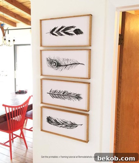 Hand Drawn Feather Wall Art Printables Black And White, Plus How To Mount And Frame Printable Art, Remodelaholic