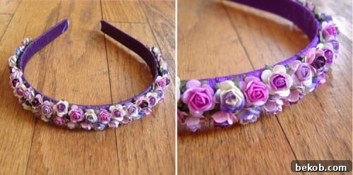 Plastic headband adorned with small purple paper flowers