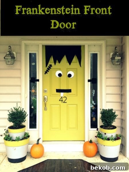 Frankenstein Front Door Decor Idea - Remodelaholic.com. #Halloween, #halloweendecor, #halloweenDIY, #doors, #doordecor