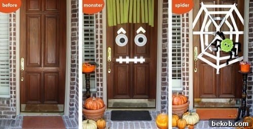 Cute Halloween Door Ideas with a monster or a spider 
