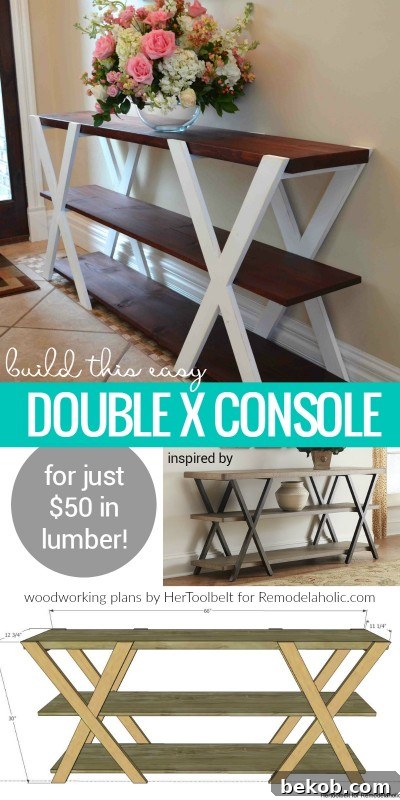 DIY Double X Wood Farmhouse Console Table For $50, Beginner Woodworking Plans, Remodelaholic