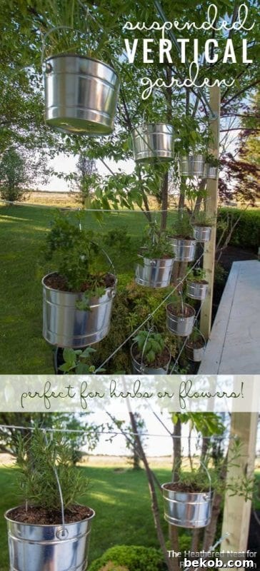 This suspended vertical garden is a great weekend DIY! Perfect for an herb garden or some beautiful flowers, and the kids could plant their own seeds in the lower rows. Tutorial from The Heathered Nest on @Remodelaholic.