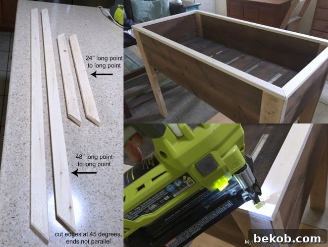Attaching mitered top trim to the elevated planter box, enhancing its finished look, by MyLove2Create for Remodelaholic