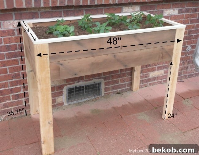 Detailed dimensions for the elevated planter box, showing height, width, and depth, by MyLove2Create for Remodelaholic