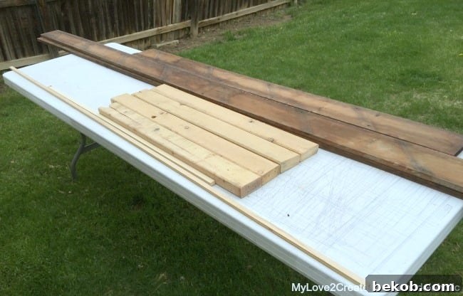 Before and after cutting, showing raw lumber transformed into neatly cut pieces for the elevated planter box project, by MyLove2Create for Remodelaholic
