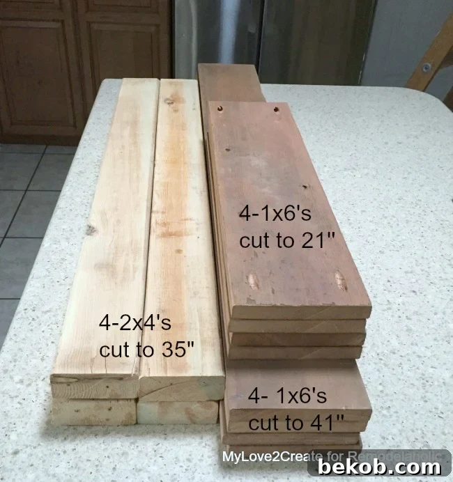 Lumber organized after being cut to size for the elevated planter box, ready for assembly, by MyLove2Create for Remodelaholic