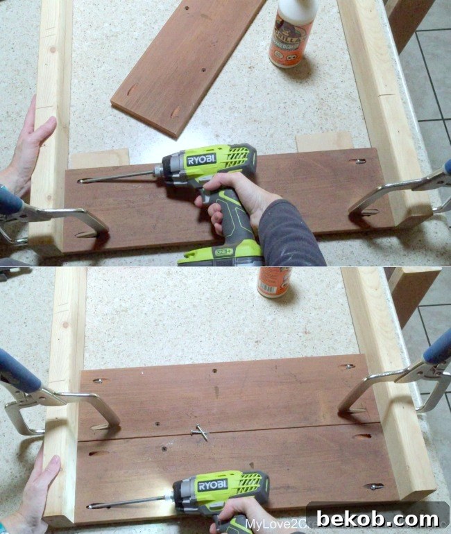 Detailed view of attaching side boards to legs using pocket hole screws and clamps, showing optional spacing blocks, by MyLove2Create for Remodelaholic