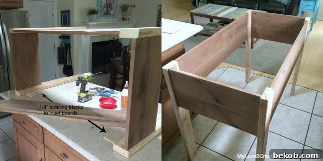 Completed main frame of the elevated planter box, showing the legs and four side panels assembled, by MyLove2Create for Remodelaholic