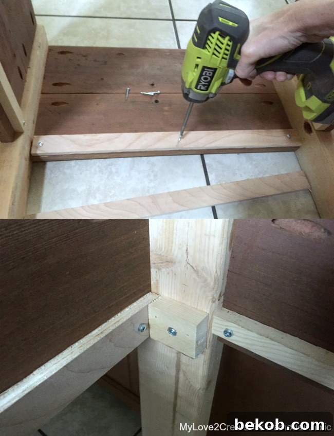 Adding interior slat support boards to the planter box frame, preparing for the bottom slats, by MyLove2Create for Remodelaholic