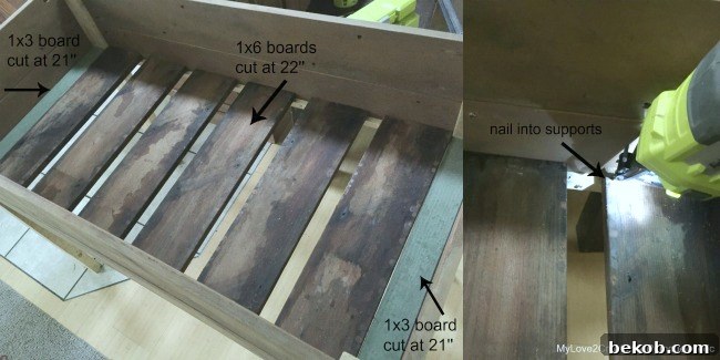 Securing the bottom slats into the elevated garden bed frame, ensuring even spacing for drainage, by MyLove2Create for Remodelaholic