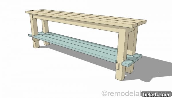Detailed instructions for constructing the bottom shelf, including notching 2x6 planks to fit around the legs of the no-nails console table. Plans by @Remodelaholic