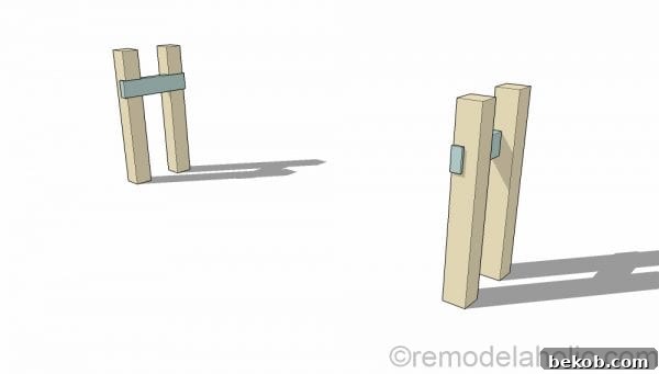 Step-by-step assembly of the console table legs, showing how the 15-inch 2x4 support is attached into the pre-cut notches. This forms the base of the no-nails structure. Plans by @Remodelaholic