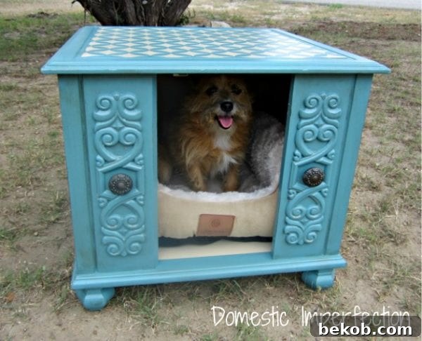 Creative transformation: Turn an end table into a stylish and cozy dog bed by Domestic Imperfection, a perfect pet solution.