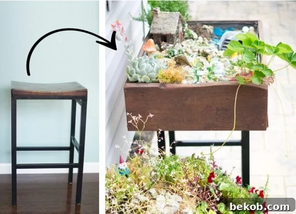 Transform a stool into a charming garden table for a gnome or fairy garden by Paint Yourself a Smile, adding whimsical flair.