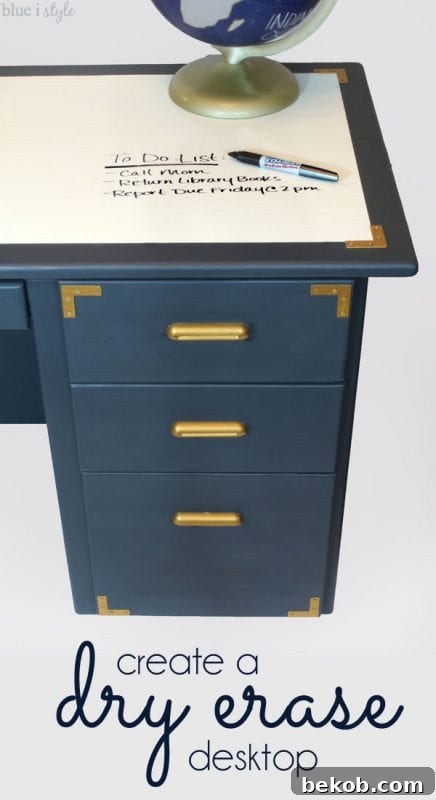Innovative desk makeover featuring a dry erase desktop by Blue I Style, perfect for organization and productivity.