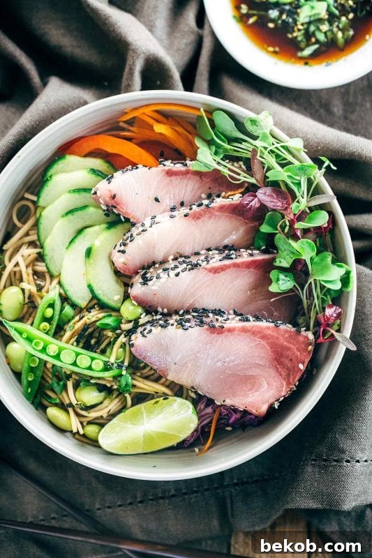 Sesame Crusted Hamachi with Edamame Soba Noodle Salad - a sophisticated meal in minutes.