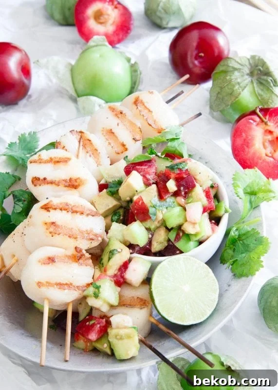 Grilled Scallops with Tomatillo Plum Salsa - gourmet taste, quick prep.
