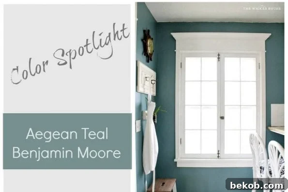 Benjamin Moore Aegean Teal paint swatch balancing warm and cool tones, ideal as a colorful neutral.