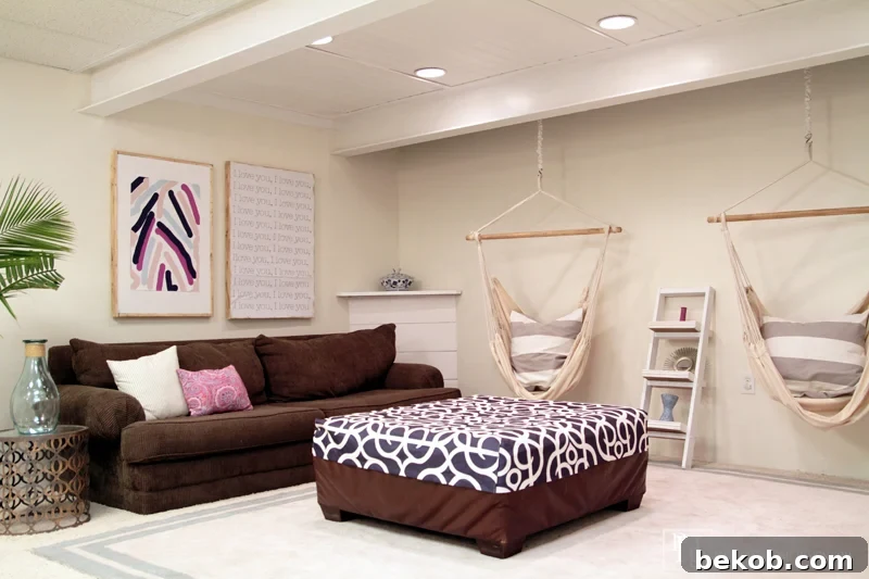 Transformed Basement with DIY Beadboard Ceiling