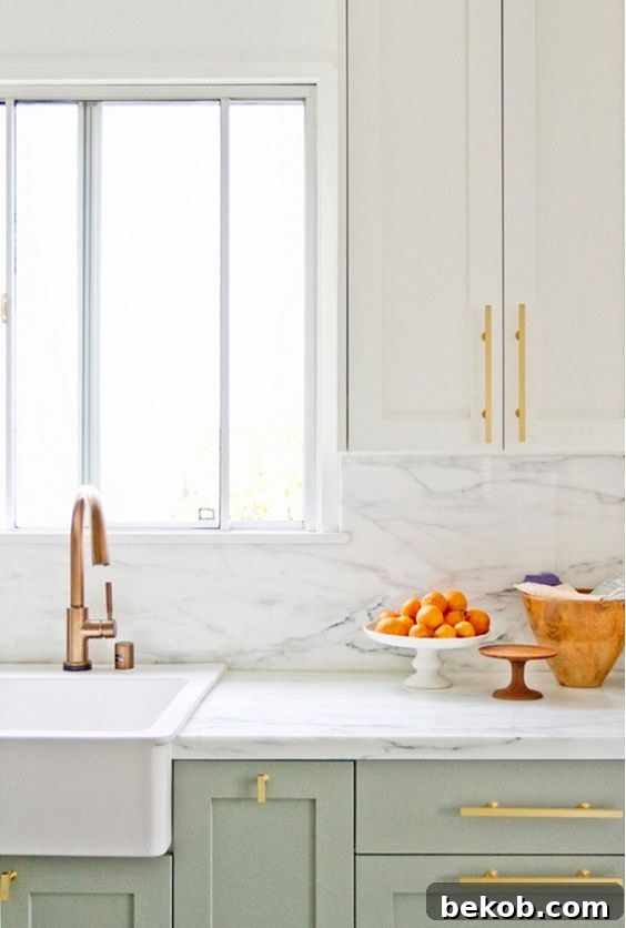 My Domaine - Stylish Mint Green Cabinets with Elegant Copper Hardware
