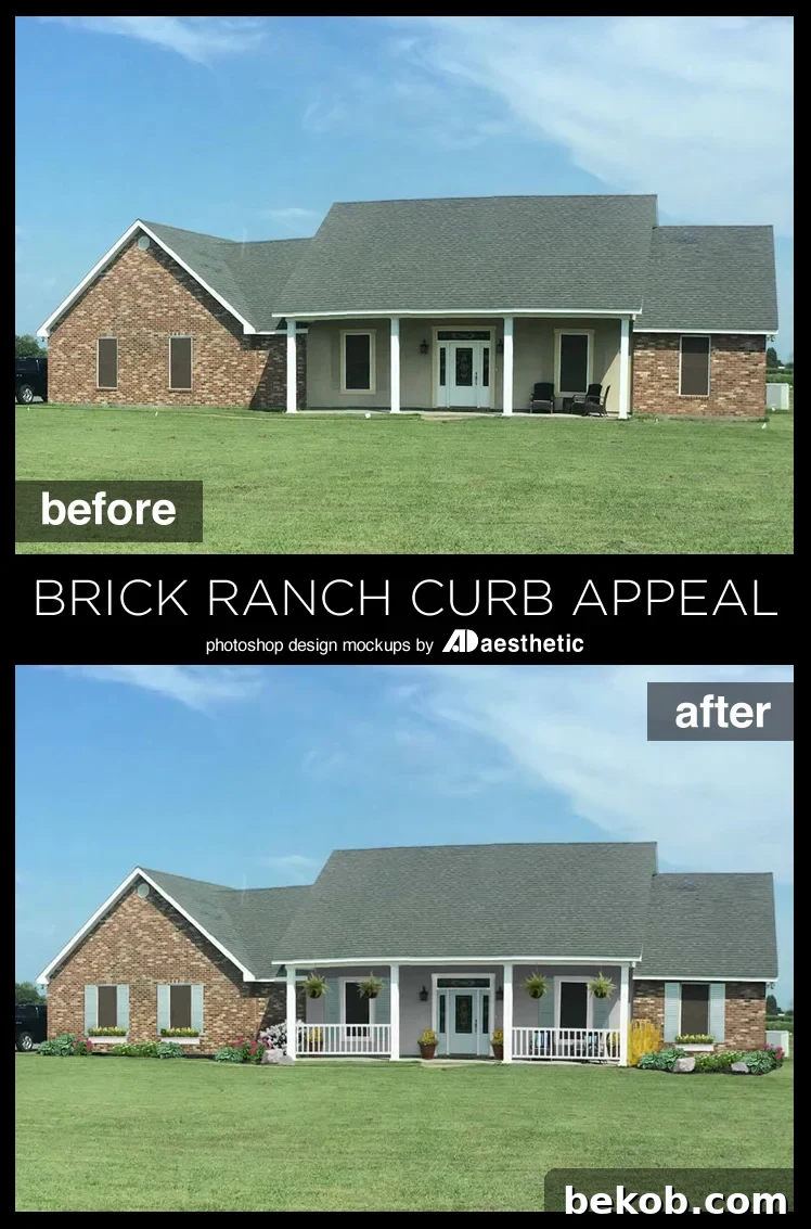 Transforming a blank slate brick ranch home with simple yet impactful curb appeal updates. Virtual redesign by AD Aesthetic for Remodelaholic.