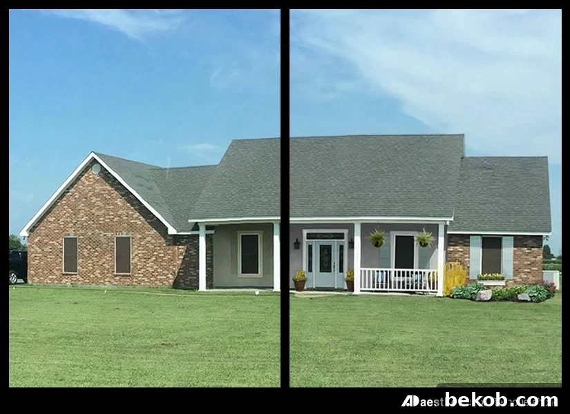 Before and after virtual mockup of a brick ranch home with enhanced curb appeal from AD Aesthetic.