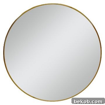 Modern dining room design idea: simple round brass mirror offers sleek elegance, a contemporary alternative to bohemian styles.