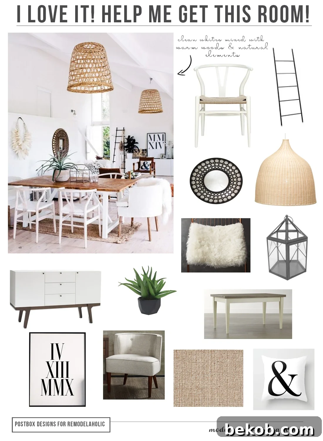 Boho Chic Dining Room Mood Board: A vertical layout showcasing all elements needed to recreate this inspiring modern bohemian space, complete with furniture, lighting, and decorative accessories.