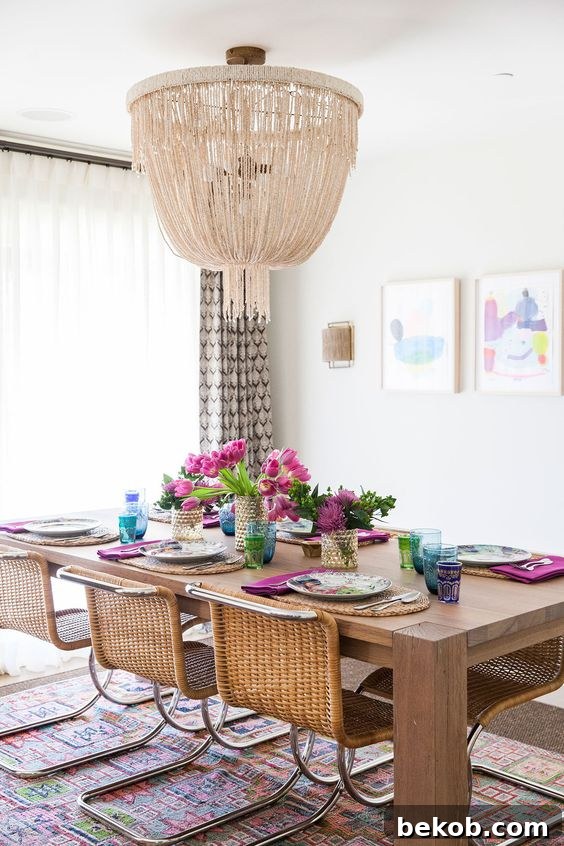 Boho Chic dining room features warm woods, natural textures, and a cozy atmosphere. Learn how to incorporate reclaimed wood tables and distressed furniture for an authentic bohemian aesthetic.