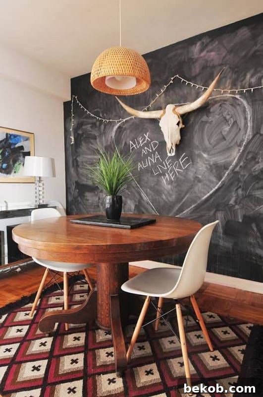 Inject vibrant color into your boho chic dining room with a bold, patterned rug. Discover how rich hues like orange, red, and navy can create an inviting and energetic atmosphere.