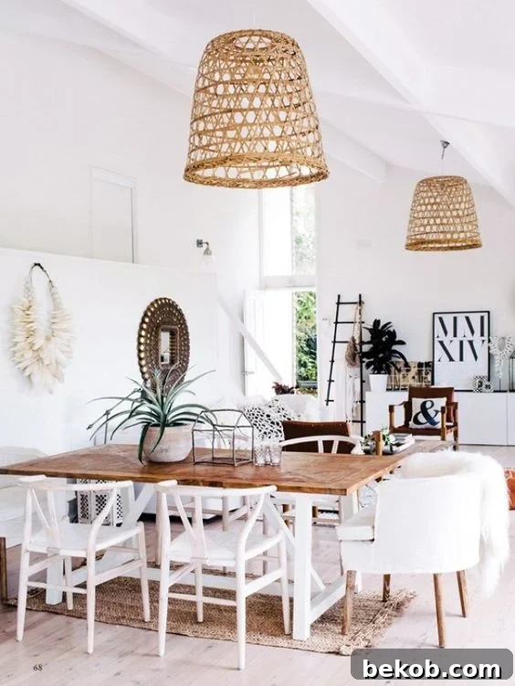 Boho Chic Dining Room Inspiration: White walls, warm woods, woven textures, and sleek wishbone chairs create a modern bohemian oasis. Get the look with these curated budget-friendly pieces.