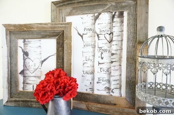 Printable Set Watercolor Quote And Birch Tree Art With Custom Carved Initials For Family Or Children's Names @Remodelaholic - A beautiful and customizable art piece for families.