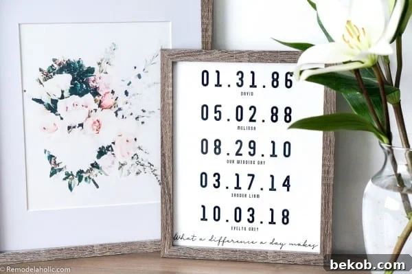 What A Difference A Day Makes Custom Date Printable And Floral Watercolor Bouquet Print Set in Wood Frames on Mantel with Flowers - Commemorate a special date with elegant art.