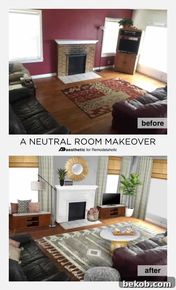Decorate a neutral living while keeping your existing sofas -- and make a burgundy couch look stylish instead of dated